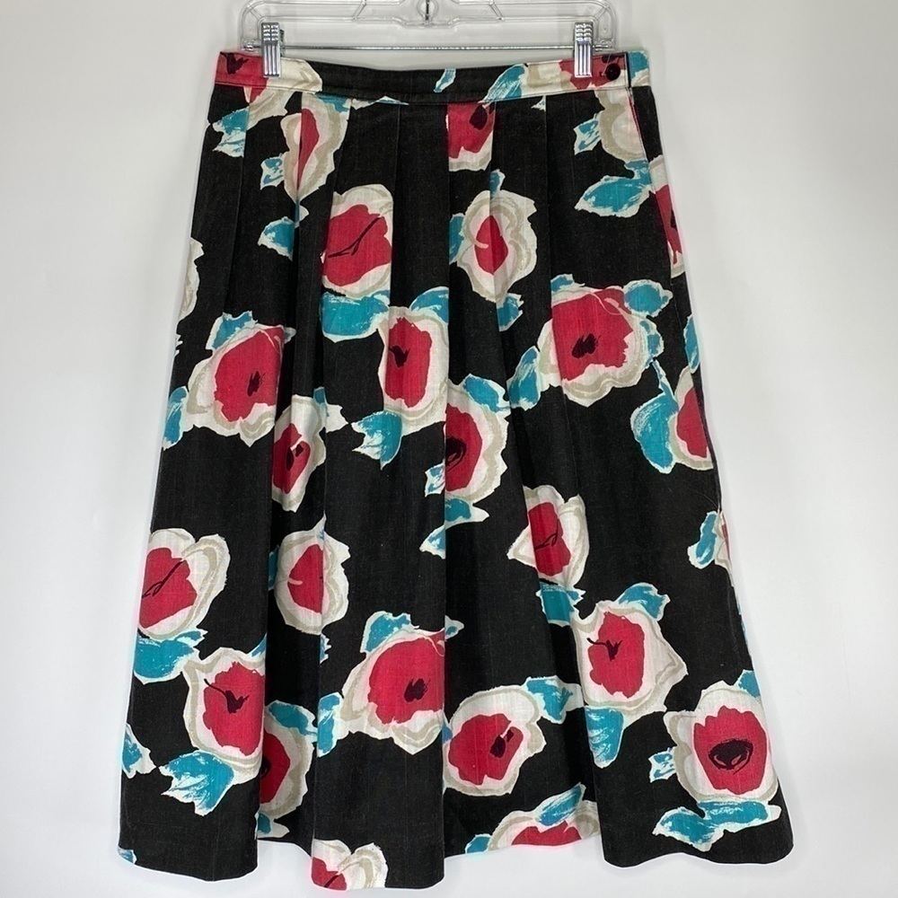 Vintage Cos Cob Retro 80s Abstract Floral Black Maxi Skirt Size 16 Waist 33"-35"